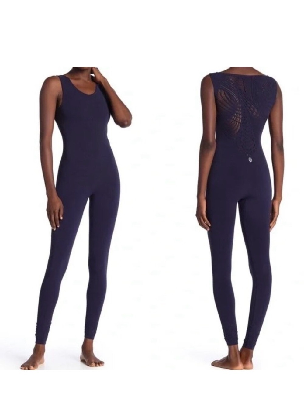 Free People Navy Textured Romper with Openwork Details